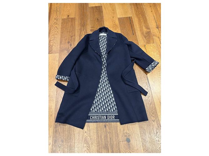 Christian Dior Navy Wool Silk Blend Monogram Reversible Coat - view 10