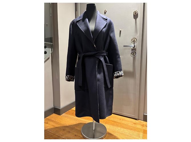 Christian Dior Navy Wool Silk Blend Monogram Reversible Coat - view 11