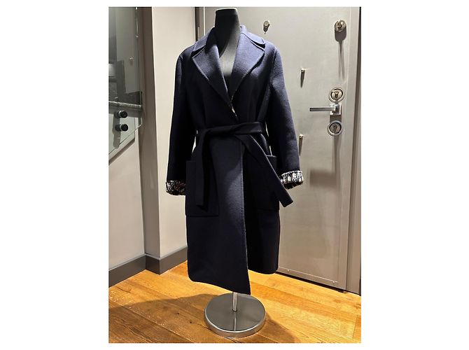 Christian Dior Navy Wool Silk Blend Monogram Reversible Coat - view 13