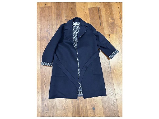 Christian Dior Navy Wool Silk Blend Monogram Reversible Coat - view 2