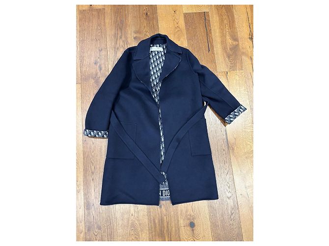 Christian Dior Navy Wool Silk Blend Monogram Reversible Coat - view 9