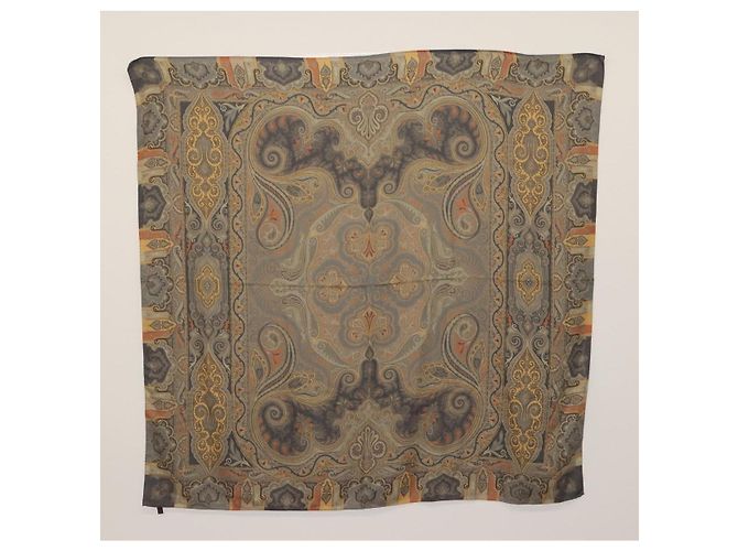 ETRO Ferragamo Stole Silk Wool Linen 2 Set Gray Ivory Auth am11770 Marrone Crudo - vista 7