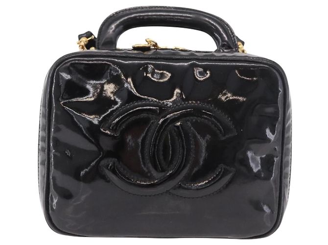 CHANEL Vanity Cosmetic Pouch Patent 2way Black Gold CC Auth BA14000A Nero D'oro - vista 2