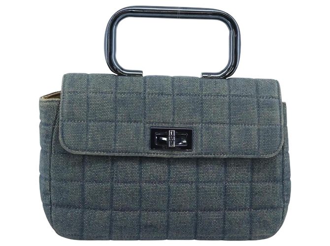 Borsa CHANEL 2.55 Choco Bar Line Canvas Blu CC Auth mr2780V - vista 2