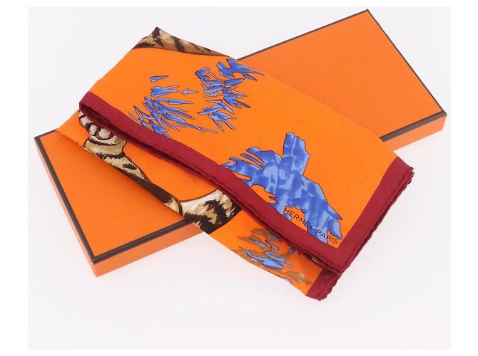 Hermès Sciarpa HERMES Carre 45 "Les Tigreaux" Seta Arancione Autentica 190026SAM - vista 14