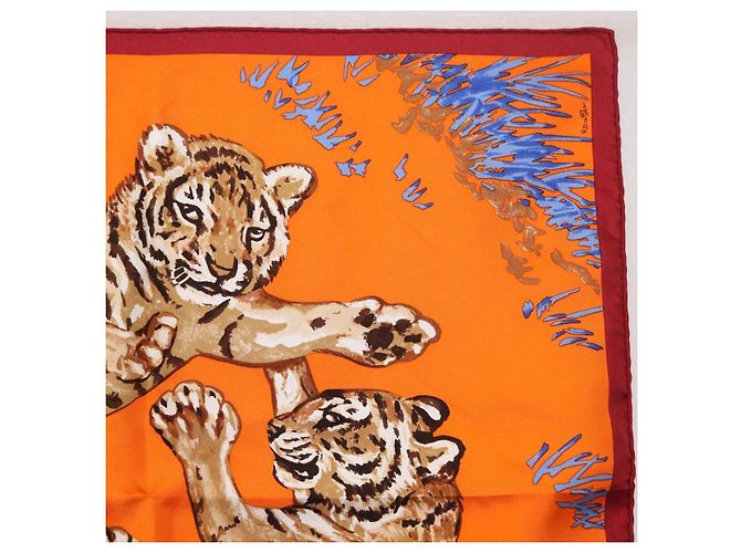 Hermès Sciarpa HERMES Carre 45 "Les Tigreaux" Seta Arancione Autentica 190026SAM - vista 3