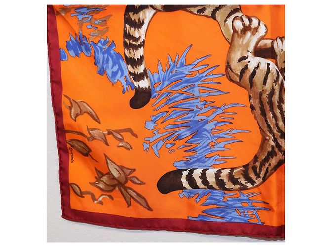 Hermès Sciarpa HERMES Carre 45 "Les Tigreaux" Seta Arancione Autentica 190026SAM - vista 4