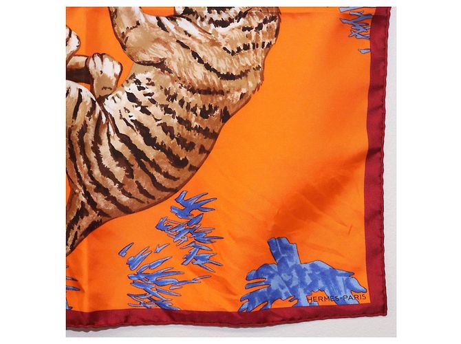 Hermès Sciarpa HERMES Carre 45 "Les Tigreaux" Seta Arancione Autentica 190026SAM - vista 5