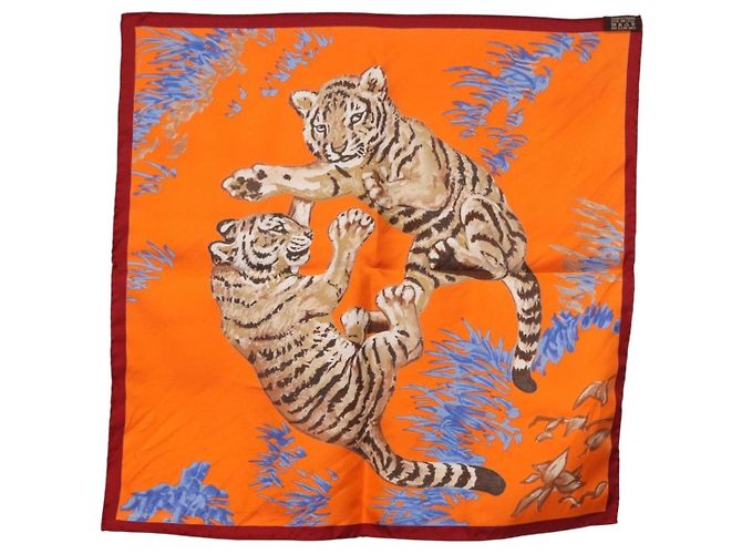 Hermès Sciarpa HERMES Carre 45 "Les Tigreaux" Seta Arancione Autentica 190026SAM - vista 8