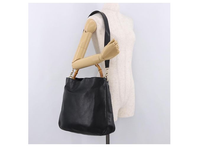 Borsa a Spalla GUCCI Bamboo in Pelle 2way Nero Oro 001 3444 1577 Auth 189938 D'oro - vista 23