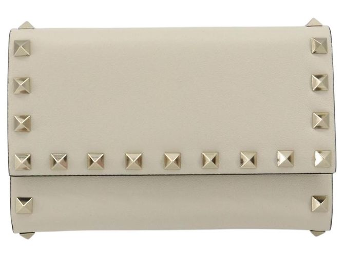 VALENTINO Rock Studs Wallet Leather Ivory Gold Auth BA14034M Golden Cream - view 13