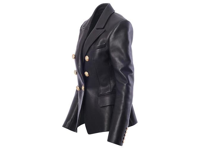Balmain Black Leather Double-Breasted Blazer - view 2