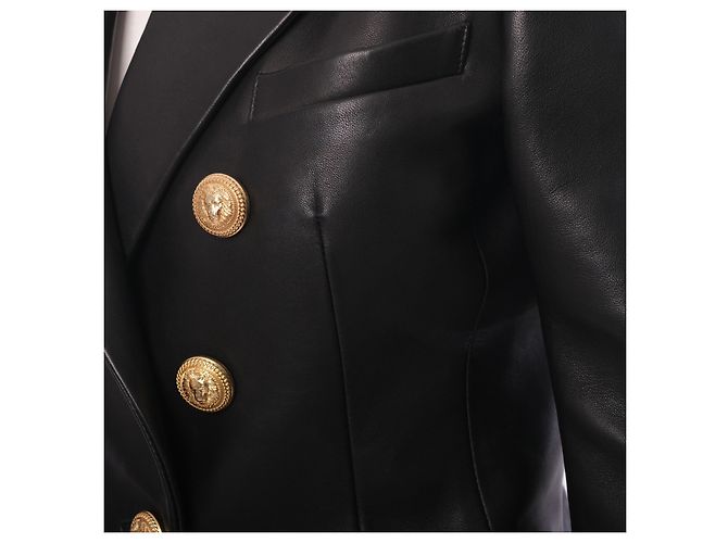 Balmain Black Leather Double-Breasted Blazer - view 4
