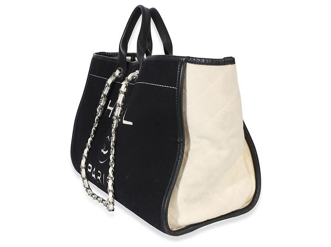 Tote Deauville Large in lana e pelle di vitello feltro bianco e nero Chanel - vista 3