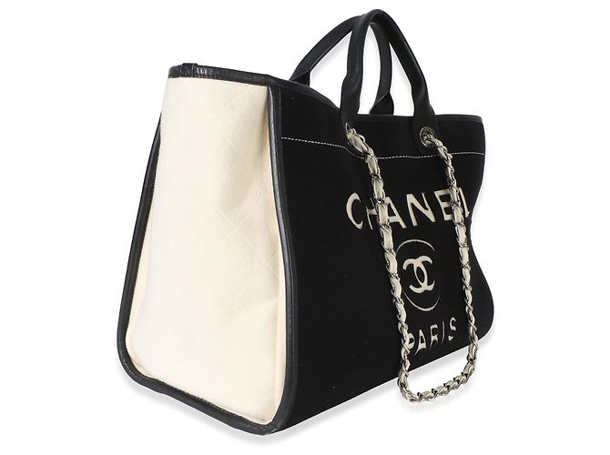 Tote Deauville Large in lana e pelle di vitello feltro bianco e nero Chanel - vista 4