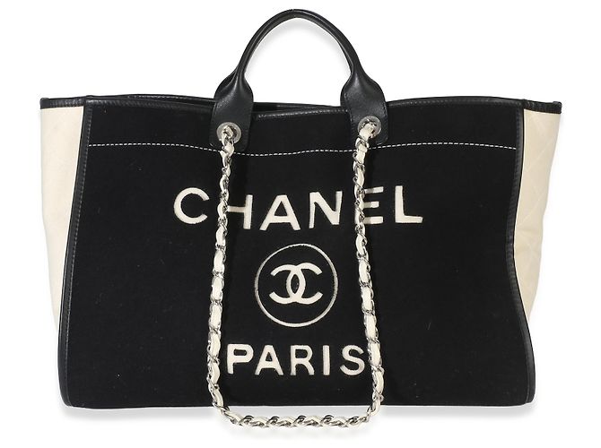 Tote Deauville Large in lana e pelle di vitello feltro bianco e nero Chanel - vista 8