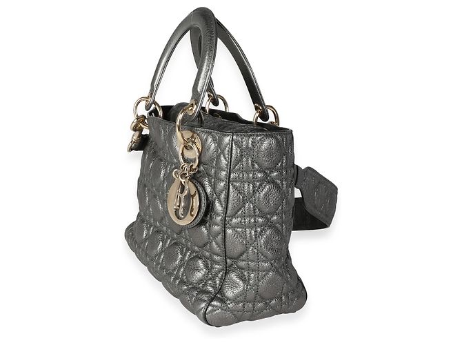 Christian Dior Borsa Tote Lady Dior Medium in pelle Cannage morbida argento metallizzato - vista 2