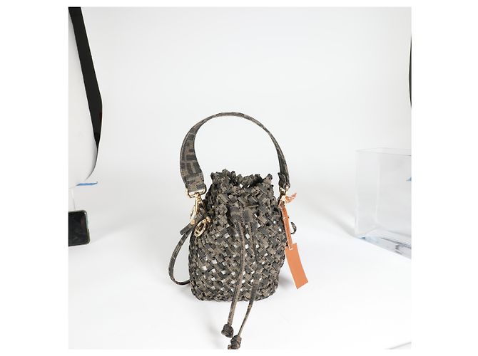 Fendi Mini Mon Tresor in jacquard marrone Interlace Canvas - vista 7