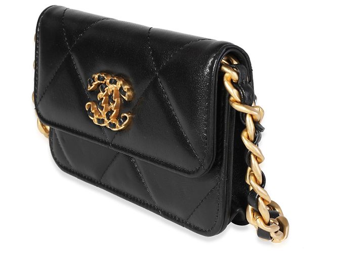 Chanel 19 Mini-Geldbeutel aus schwarzem gestepptem Lammleder mit Kette Chanel - Ansicht 3