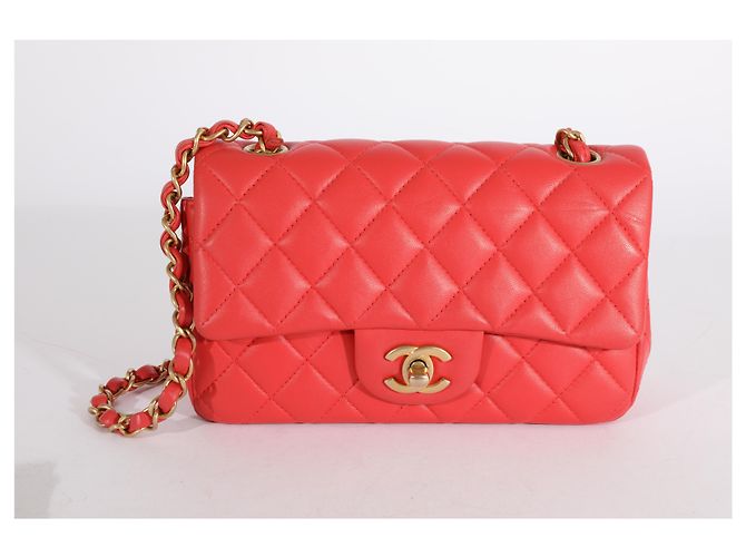 Timeless Chanel Mini Rectangular Classic Flap Bag aus gestepptem Korallen-Lammleder Pink - Ansicht 7