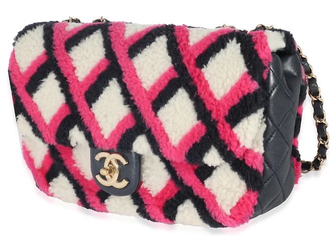 Borsa Chanel Emoticon Single Flap in agnello e shearling fucsia, blu navy e bianco Rosa Multicolore - vista 3
