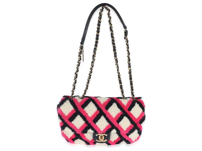 Borsa Chanel Emoticon Single Flap in agnello e shearling fucsia, blu navy e bianco Rosa Multicolore - vista 4