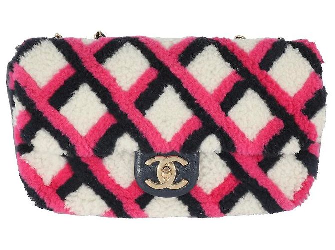 Borsa Chanel Emoticon Single Flap in agnello e shearling fucsia, blu navy e bianco Rosa Multicolore - vista 7