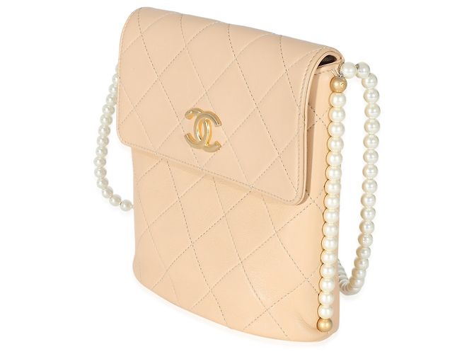 Chanel Beige Quilted Calfskin Small Pearl Chain Hobo - vista 3