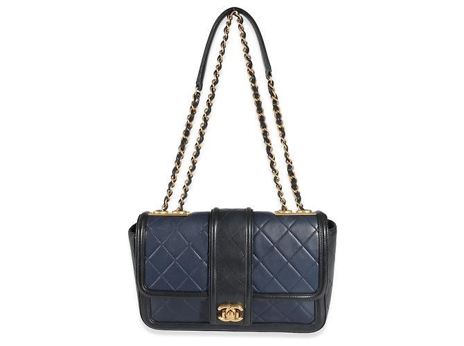 Timeless Borsa Chanel Navy Black Quilted Lambskin Medium Elegant CC Flap Bag Nero Blu - vista 2