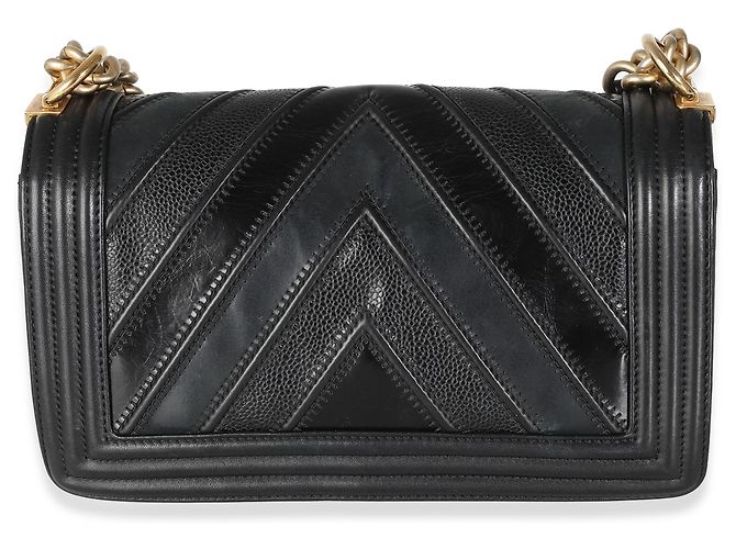 Borsa Chanel Black Calfskin Caviar In The Mix Chevron Old Medium Boy Nero - vista 2