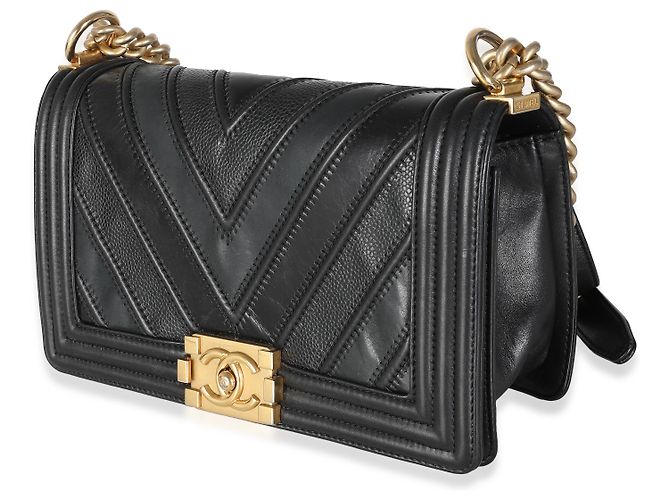 Borsa Chanel Black Calfskin Caviar In The Mix Chevron Old Medium Boy Nero - vista 3
