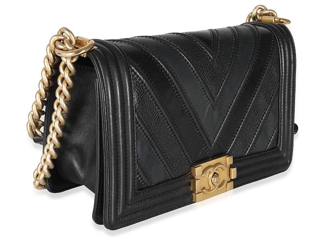 Borsa Chanel Black Calfskin Caviar In The Mix Chevron Old Medium Boy Nero - vista 4