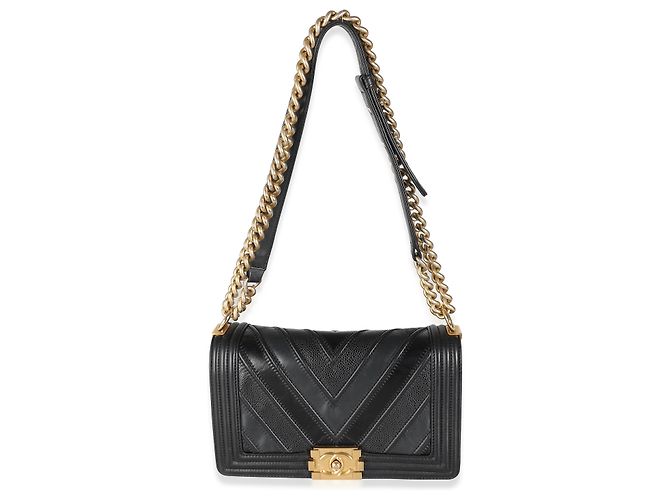 Borsa Chanel Black Calfskin Caviar In The Mix Chevron Old Medium Boy Nero - vista 5