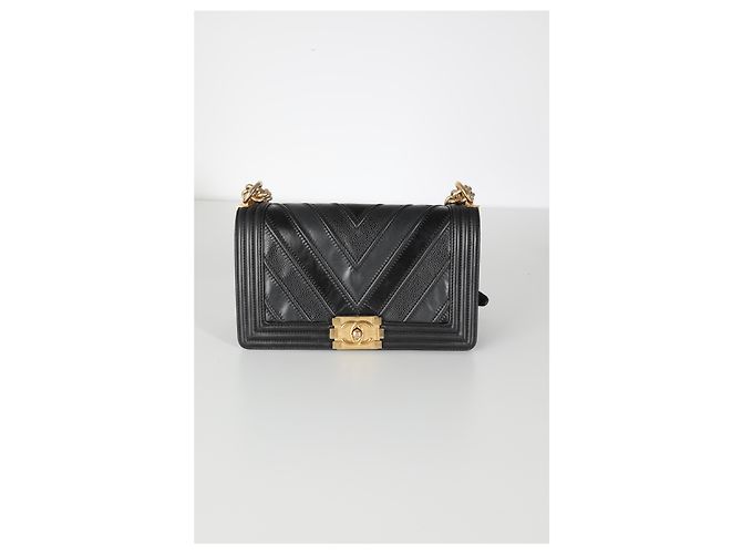 Borsa Chanel Black Calfskin Caviar In The Mix Chevron Old Medium Boy Nero - vista 8