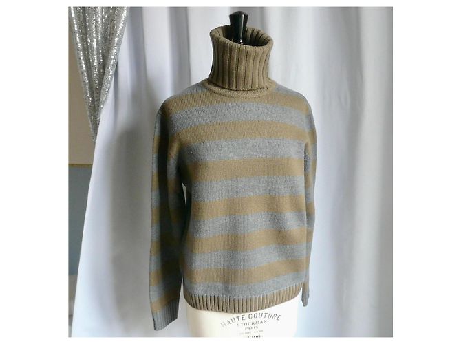 Christian Dior Herren Rollkragenpullover Gestreift Grau Kamel - Ansicht 2