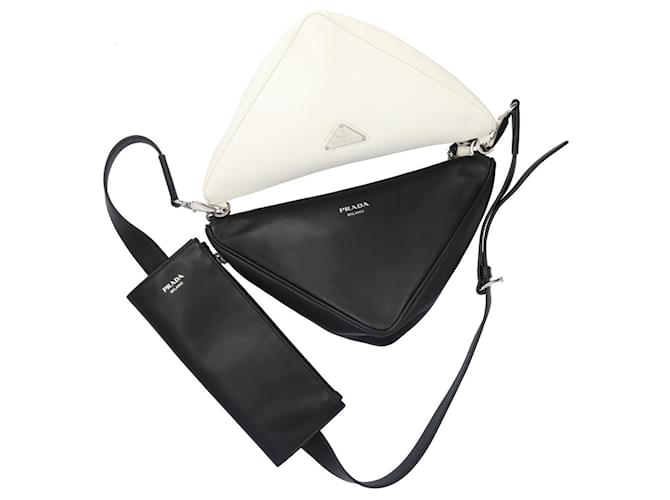 Borsa a tracolla doppia Triangle Prada Nero Bianco - vista 11