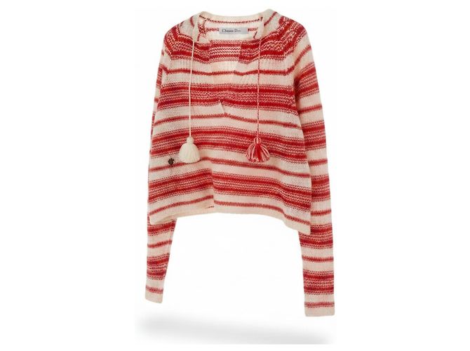 Christian Dior Kaschmir-Pullover gestreift mit Quasten Weiß Rot - Ansicht 2