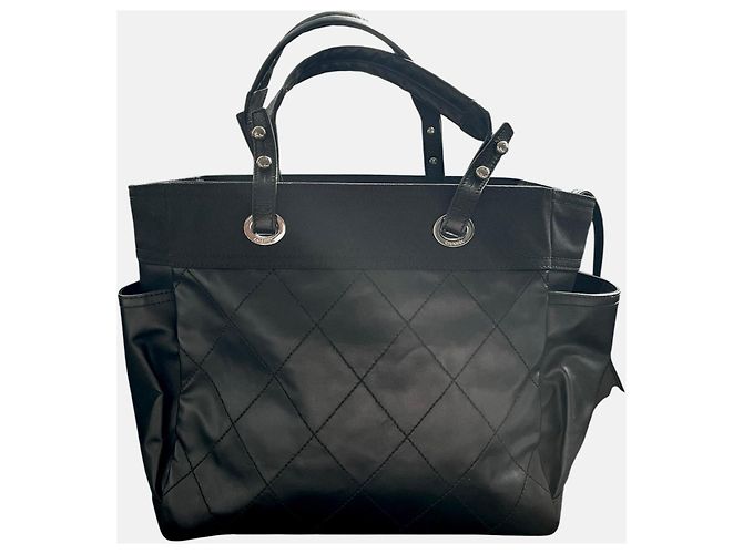 Bolsa Tote Chanel Paris Biarritz em couro acolchoado preto e tecido - vista 9