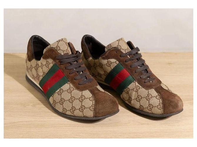 Sneakers Gucci in Tela Monogram con Striscia Web Marrone Multicolore - vista 2