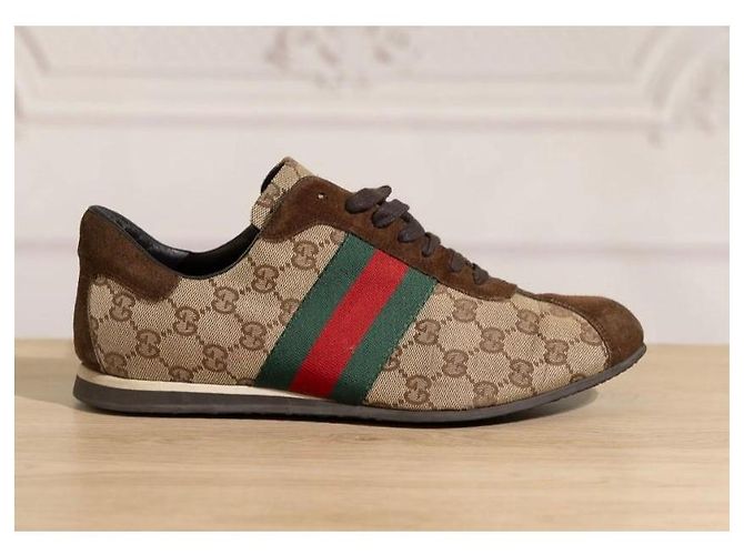Sneakers Gucci in Tela Monogram con Striscia Web Marrone Multicolore - vista 3