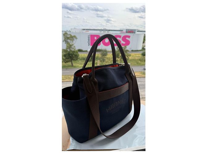Duffle Hermès Sac de Pansage Groom Medium Canvas Tote Navy/Feu con tracolla, Molto buono Blu - vista 11