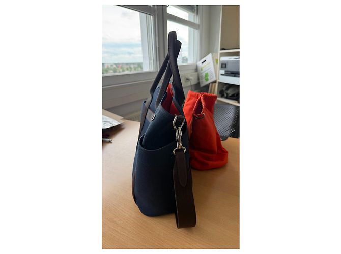 Duffle Hermès Sac de Pansage Groom Medium Canvas Tote Navy/Feu con tracolla, Molto buono Blu - vista 13
