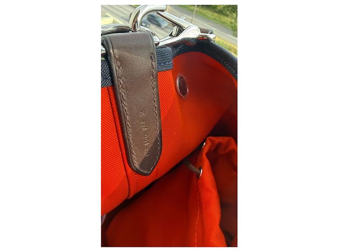 Duffle Hermès Sac de Pansage Groom Medium Canvas Tote Navy/Feu con tracolla, Molto buono Blu - vista 14