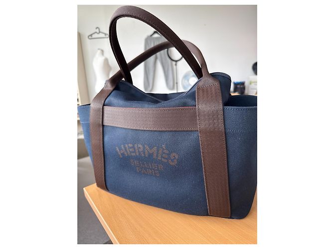 Duffle Hermès Sac de Pansage Groom Medium Canvas Tote Navy/Feu con tracolla, Molto buono Blu - vista 2