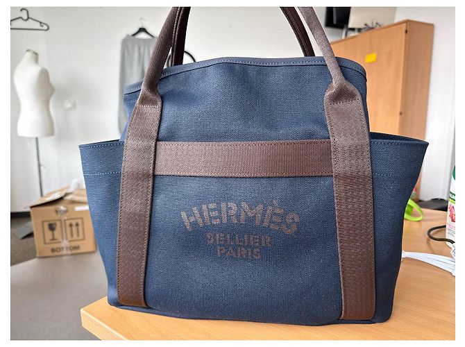Duffle Hermès Sac de Pansage Groom Medium Canvas Tote Navy/Feu con tracolla, Molto buono Blu - vista 3
