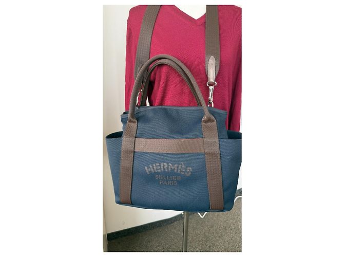 Duffle Hermès Sac de Pansage Groom Medium Canvas Tote Navy/Feu con tracolla, Molto buono Blu - vista 4