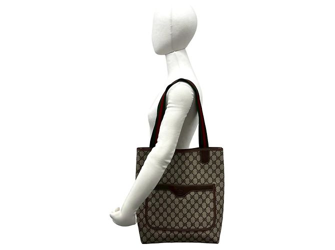 Sac cabas en cuir Gucci Vintage Sherry Line GG Logo Marron Rouge Vert - vue 2