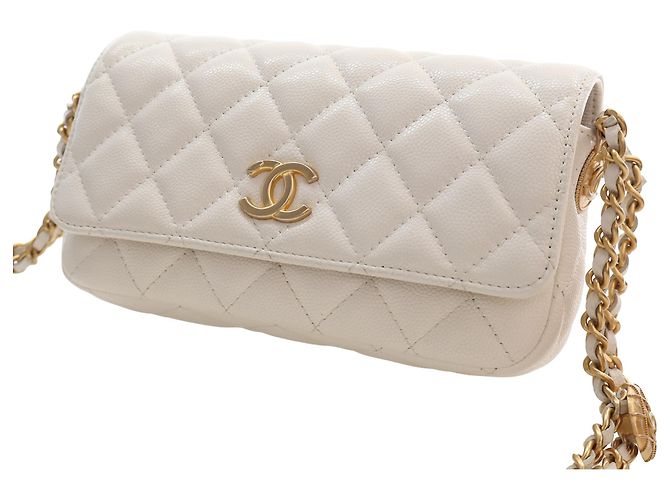 Chanel White Small CC Quilted Caviar Twist Your Buttons Flap Bianco - vista 12