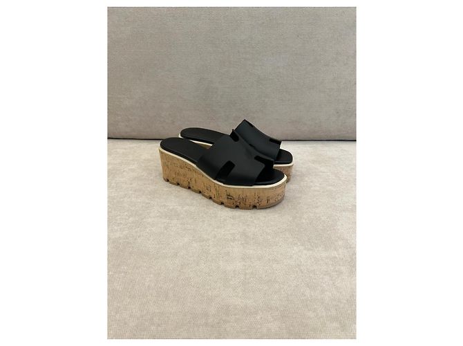 Hermès Sandali con zeppa in pelle nera Oran Nero - vista 3