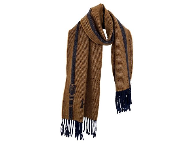 Hermès Sciarpa reversibile in lana e cashmere vintage con frange Hermes Beige Blu navy - vista 2